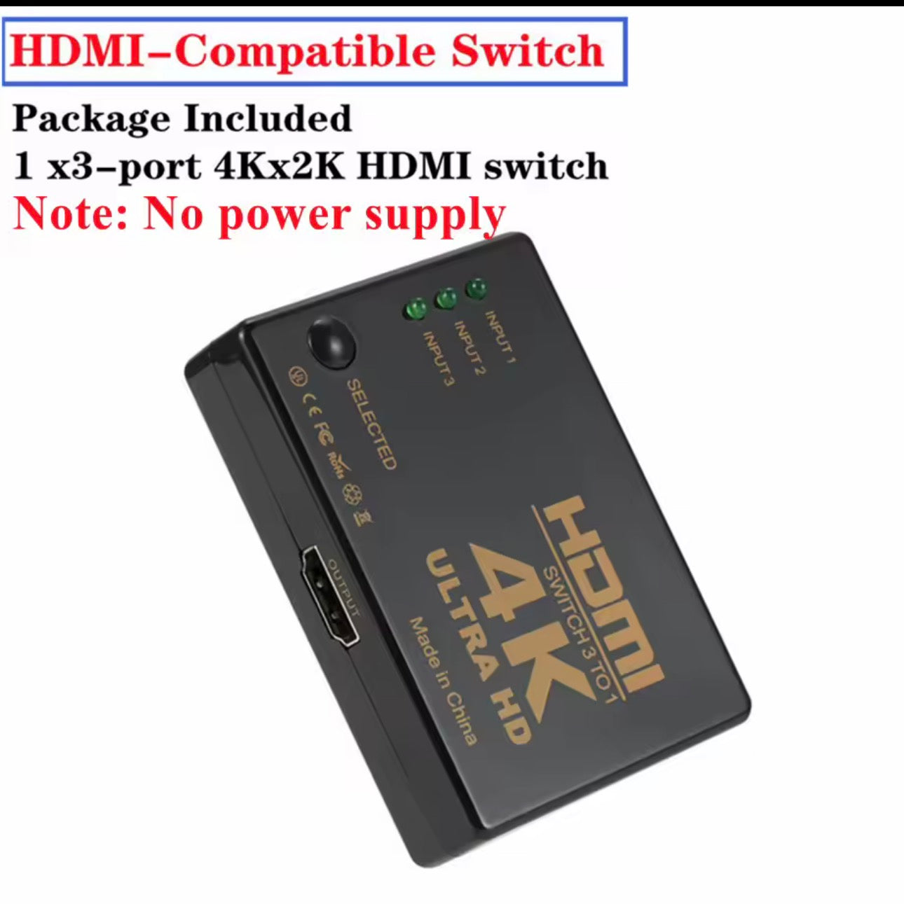 4K HDMI Cable Splitter HD 1080P Video Switcher Adapter 3 Input 1 Output Port HDMI Hub for Xbox PS4 DVD HDTV PC Laptop TV