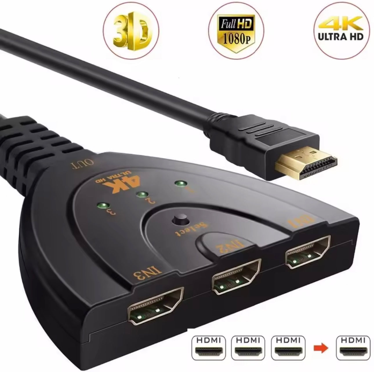 4K 60HZ 30HZ HDMI-compatible Cable Splitter HD Video Switcher Adapter 3 In1 Port Hub for Xbox PS4 DVD HDTV PC Laptop TV