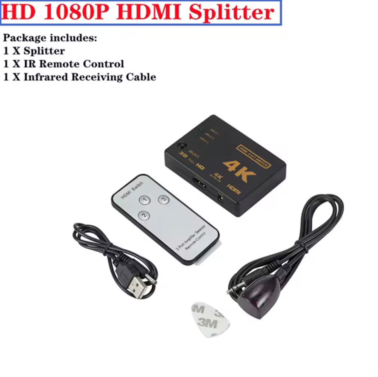 4K HDMI Cable Splitter HD 1080P Video Switcher Adapter 3 Input 1 Output Port HDMI Hub for Xbox PS4 DVD HDTV PC Laptop TV